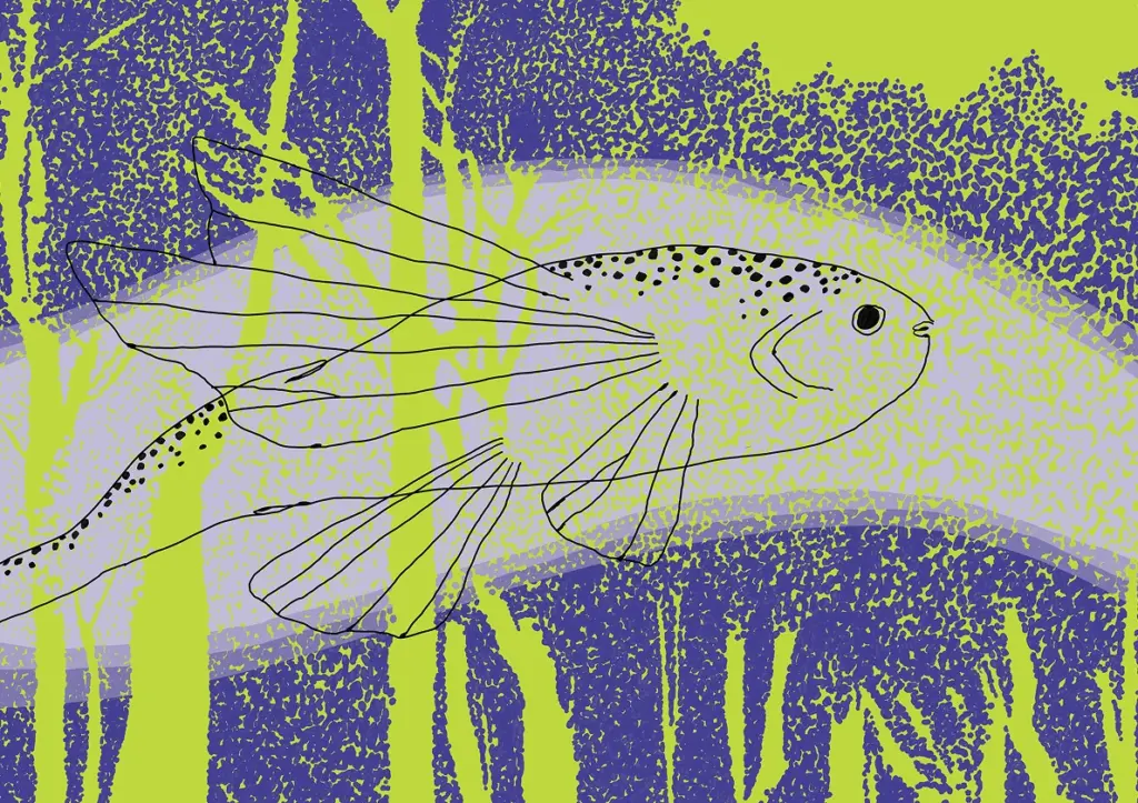 Ilustração: peixe entre árvores